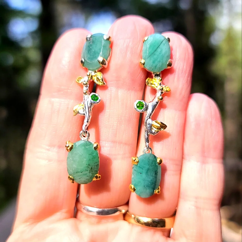 Emerald & Peridot floral sterling &gold vine like earrings - Picture 1 of 7